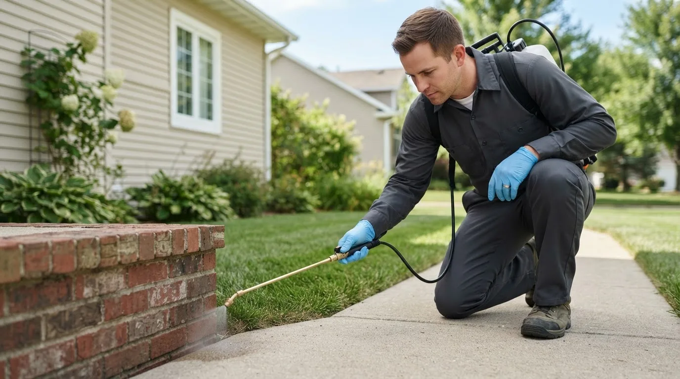 Pest control technician treating a home near South Pittsburg, TN